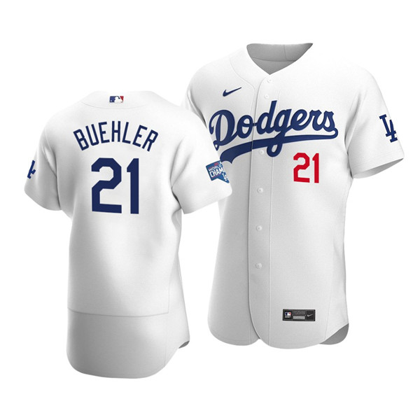 Men's Los Angeles Dodgers #21 Walker Buehler 2020 White World Series Champions Patch Flex Base Sttiched MLB Jersey